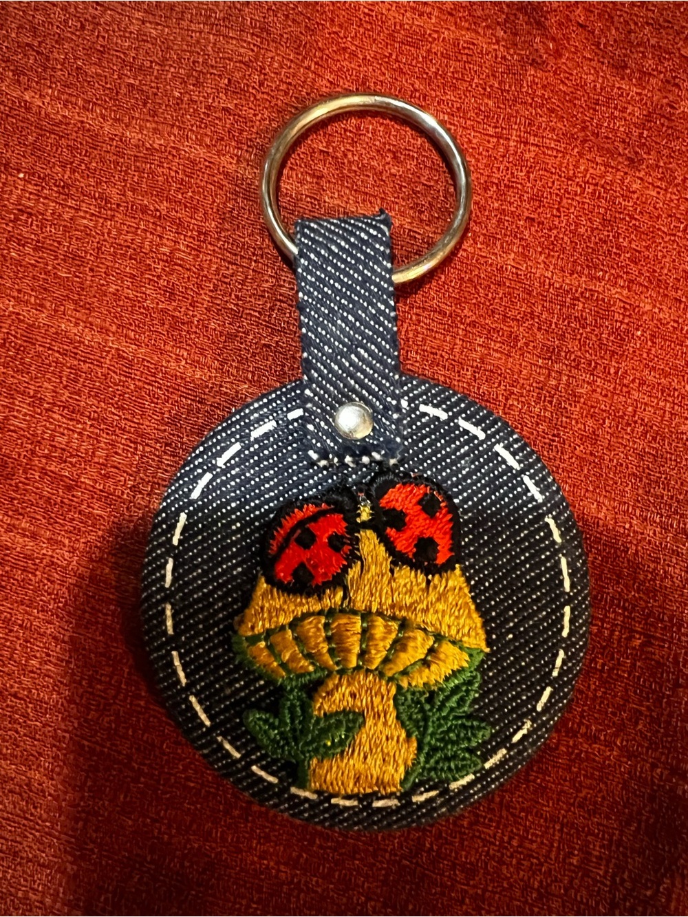 Hallmark Denim Keychain with Red Ladybug and Yellow Mushroom Embroidery